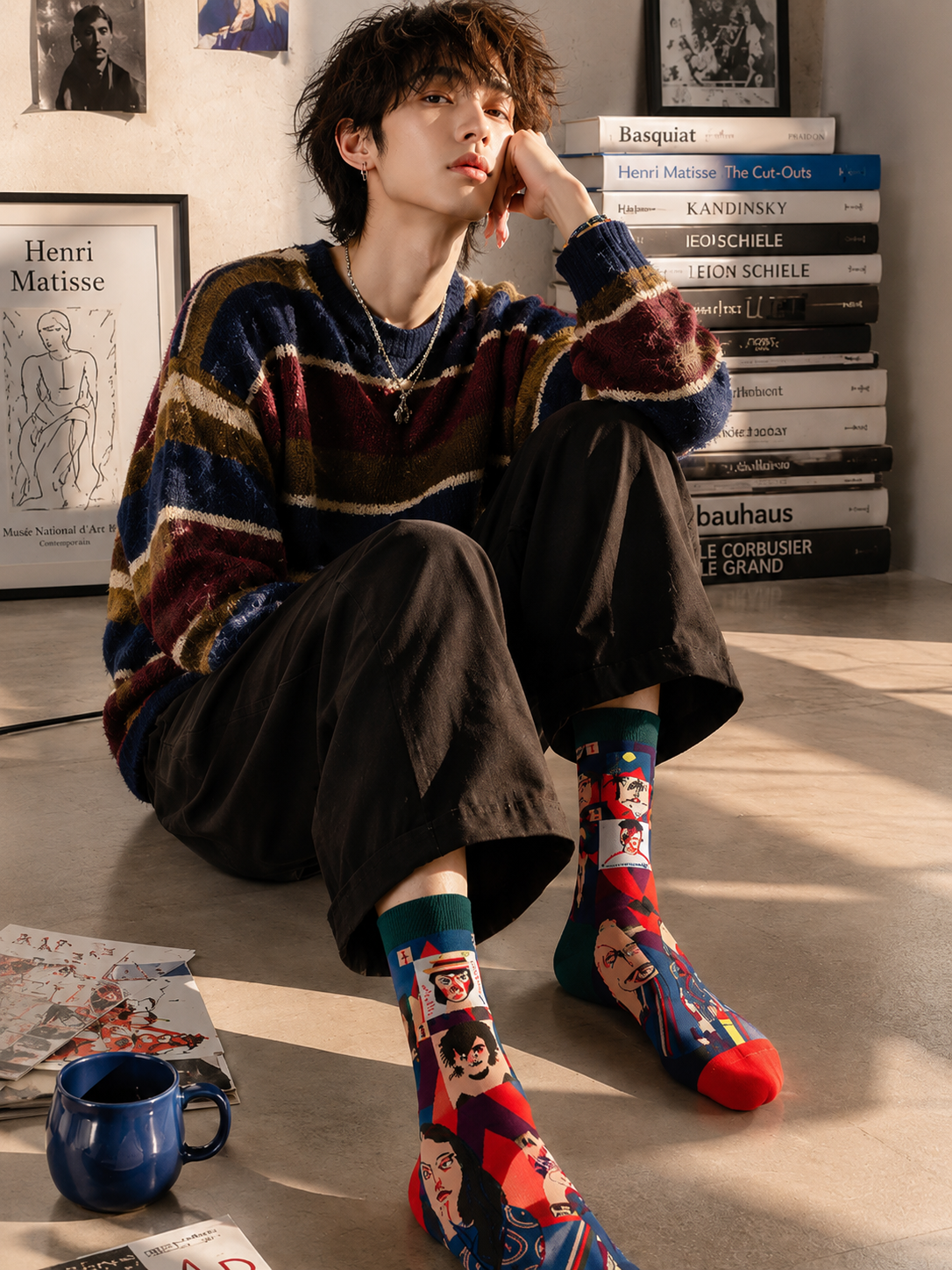 Person wearing colorful socks sitting on the floor with books and a cup in the background