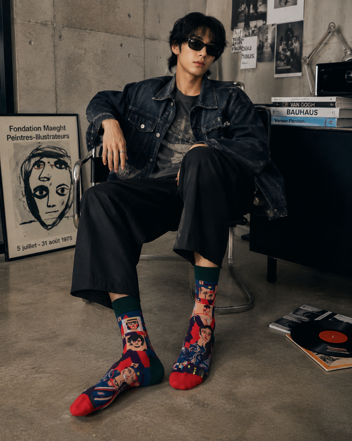 Person wearing colorful socks sitting in a room with posters and books on the wall.
