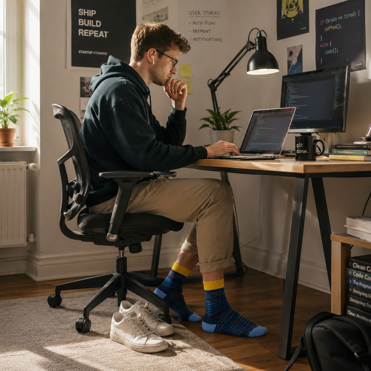 Person sitting at a desk with a laptop and monitor in a home office setting.