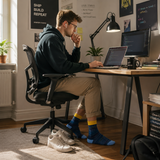 Person sitting at a desk with a laptop and monitor in a home office setting.