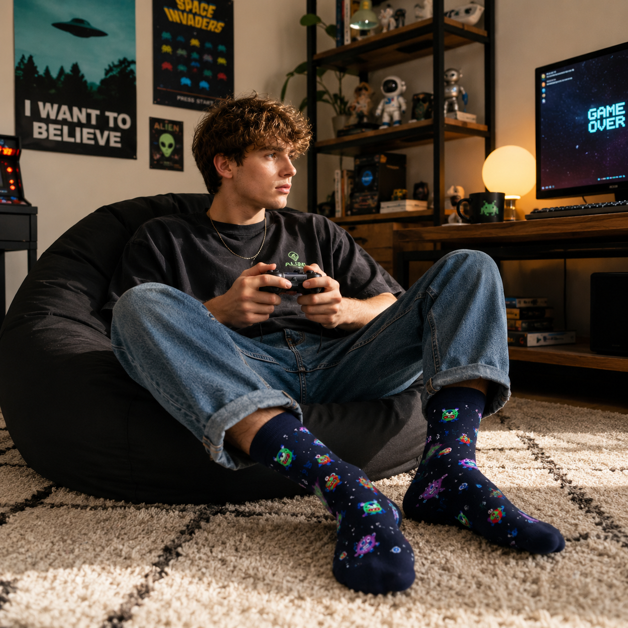 Person sitting on a bean bag chair playing video games in a room with gaming decor.