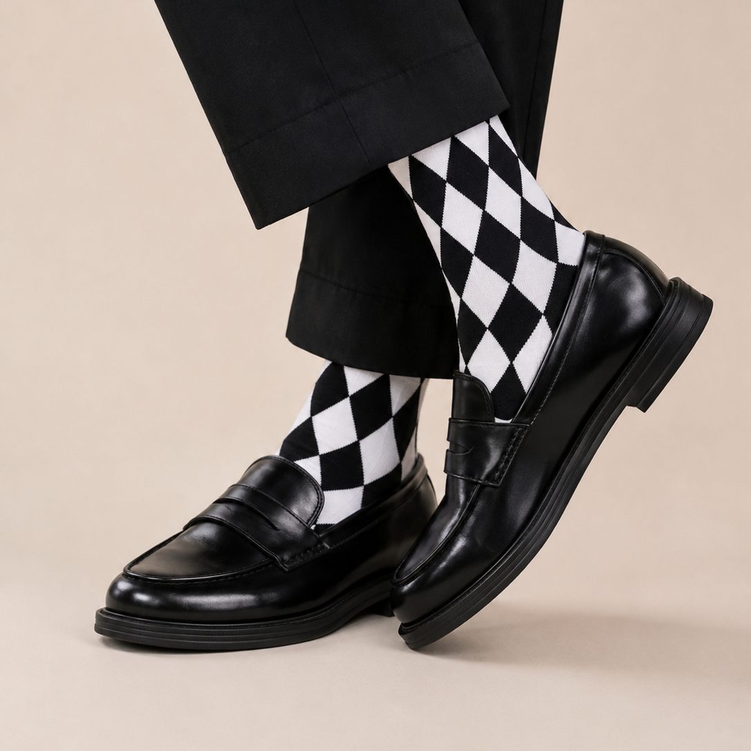 Person wearing black dress shoes and checkered socks on a beige background