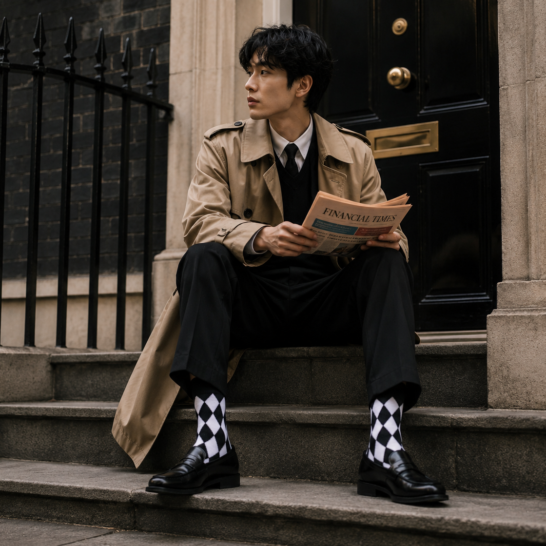 Man in trench coat reading a newspaper on steps
