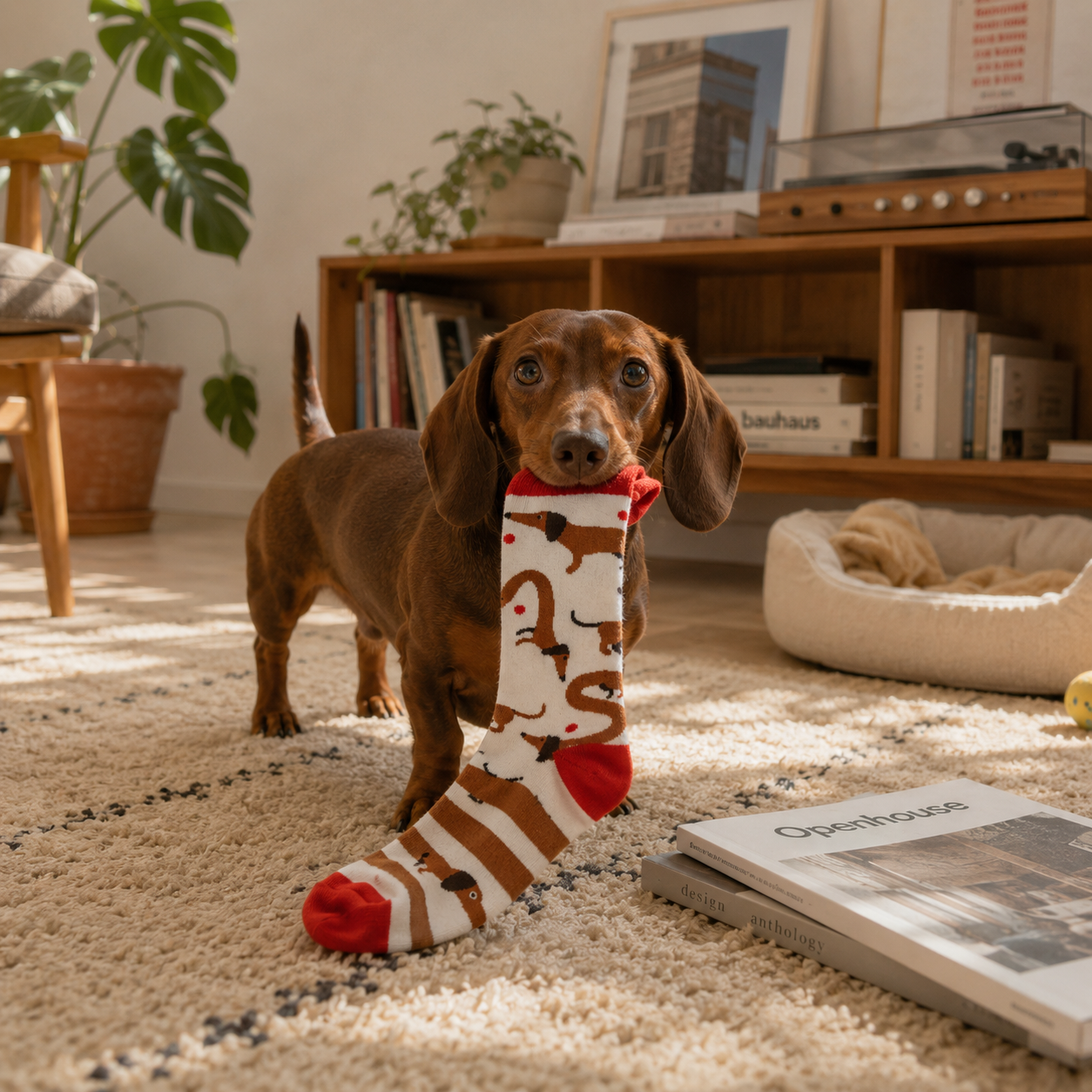 Dog playing with a sock toy on a carpeted floor in a living room.