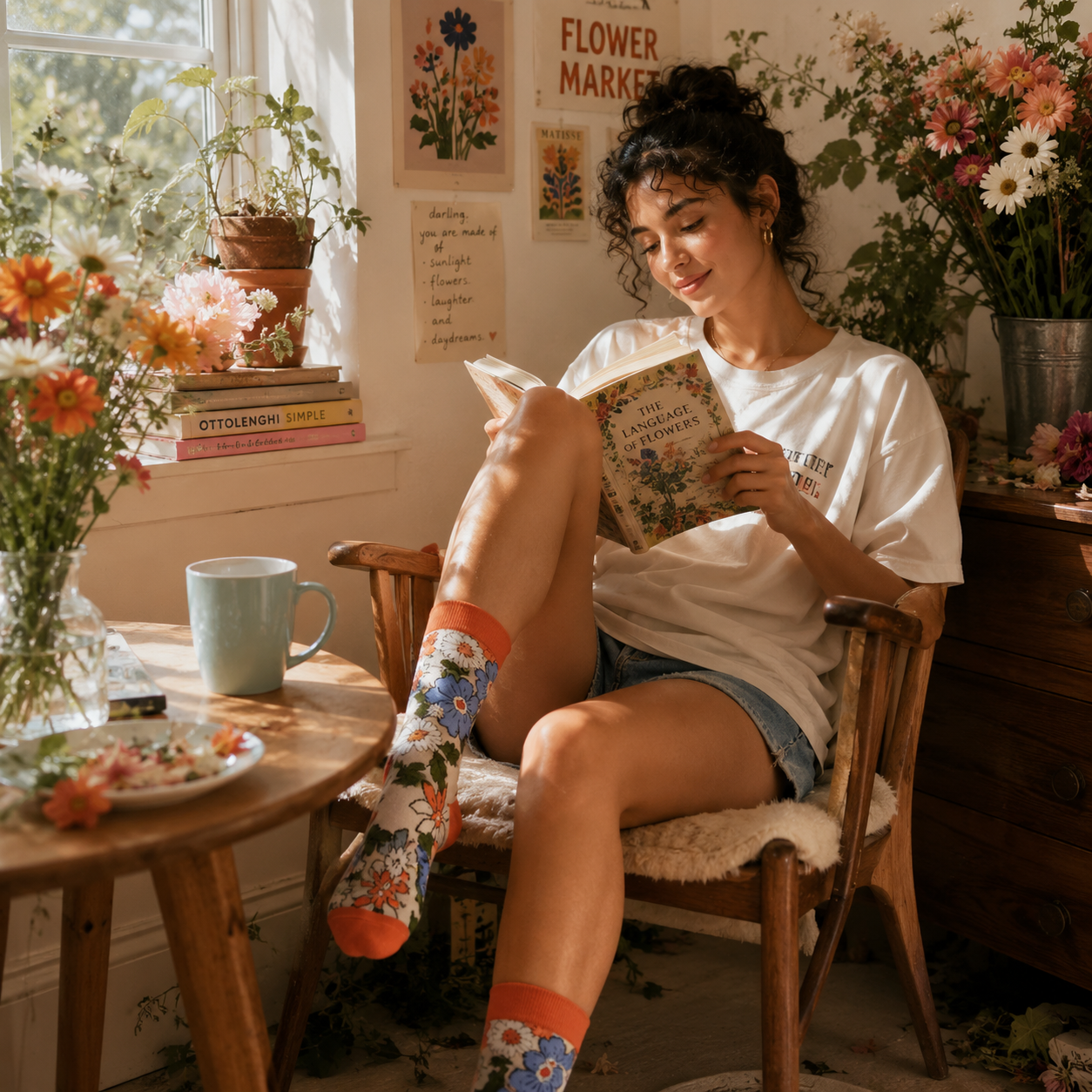 Woman reading a book in a cozy room with flowers and decor