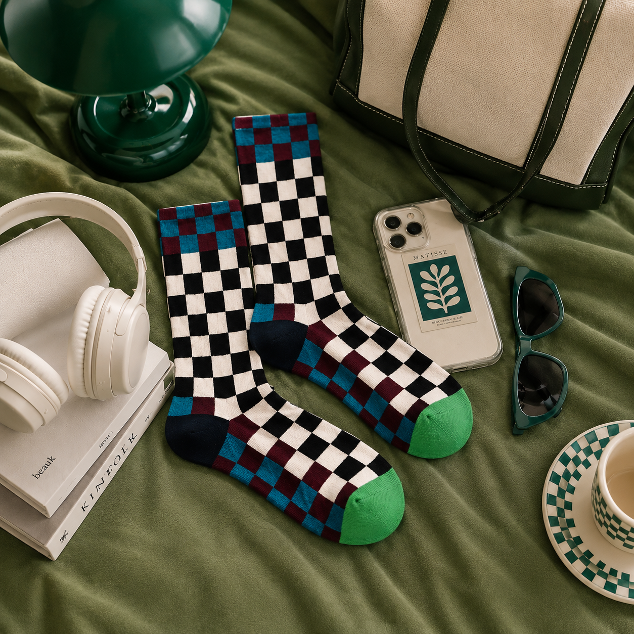 Checkered socks with green accents on a green surface with accessories like headphones, phone, and sunglasses.