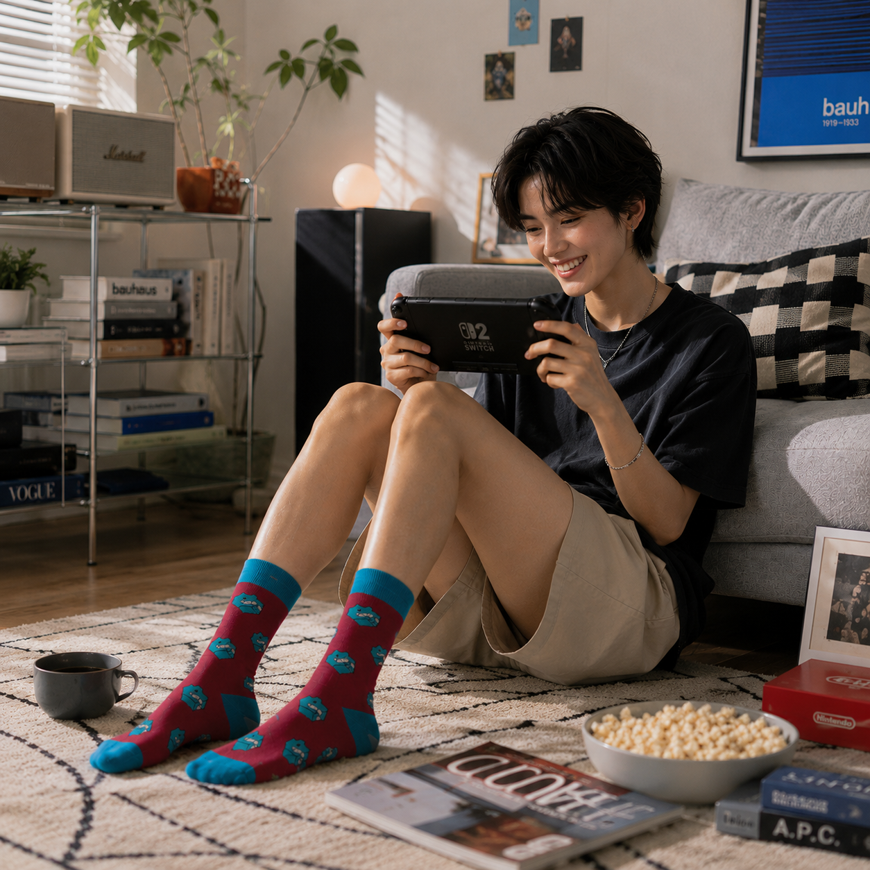 Person sitting on a couch in a living room using a tablet, with a bowl of popcorn and a magazine on the floor.