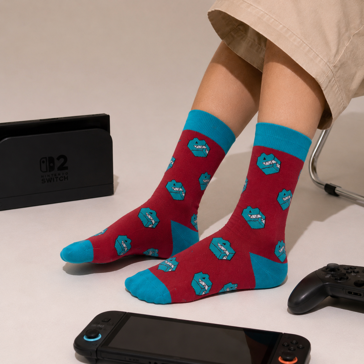 Person wearing red socks with blue accents, sitting next to a gaming console and controller.