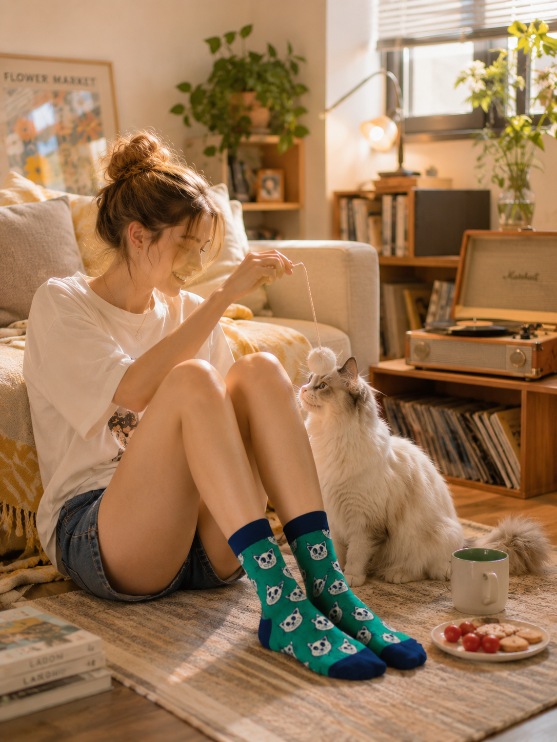 Woman wearing panda socks sitting on a rug with a cat and a cup of coffee in a cozy living room.
