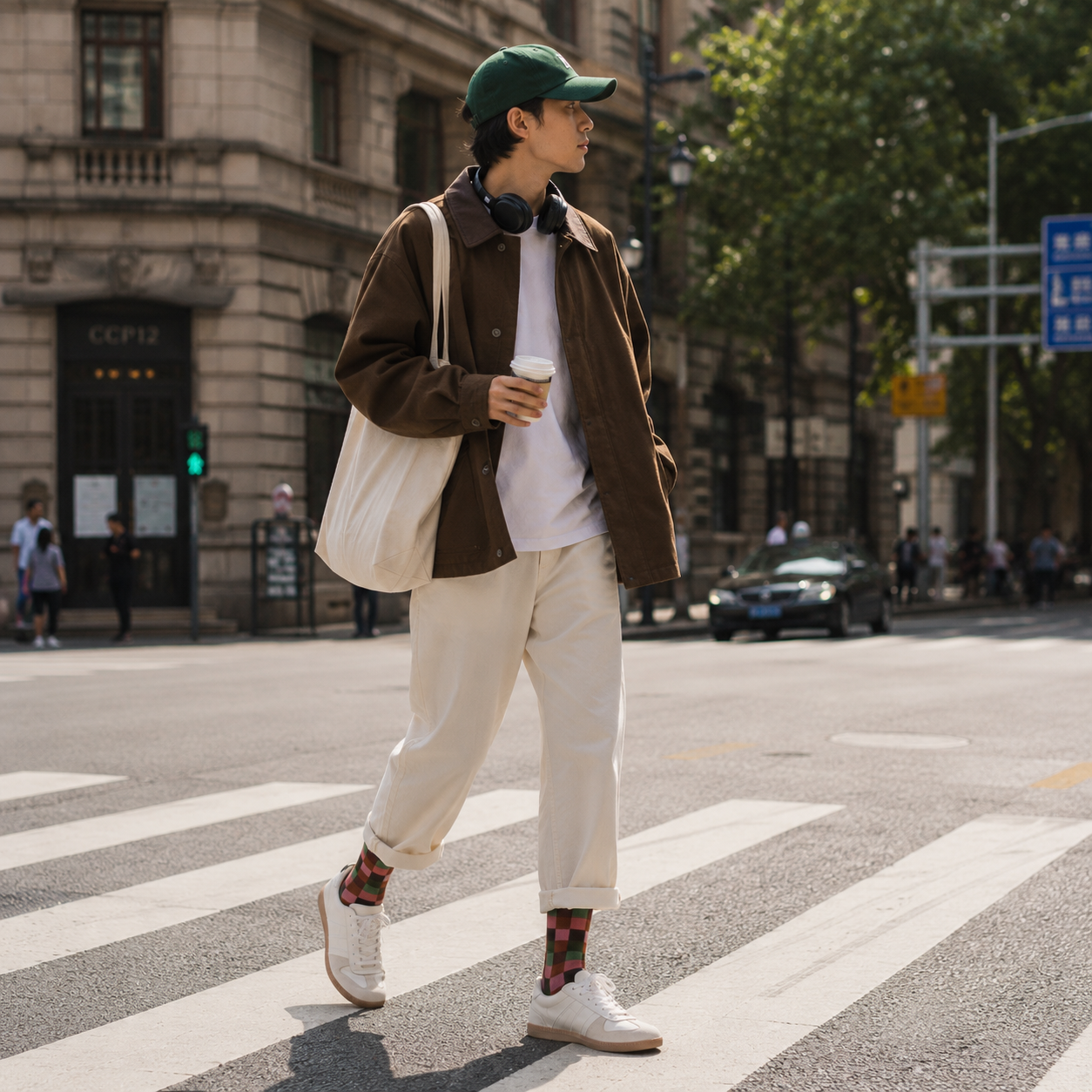 Person crossing a street wearing a brown jacket, white pants, and a green cap.
