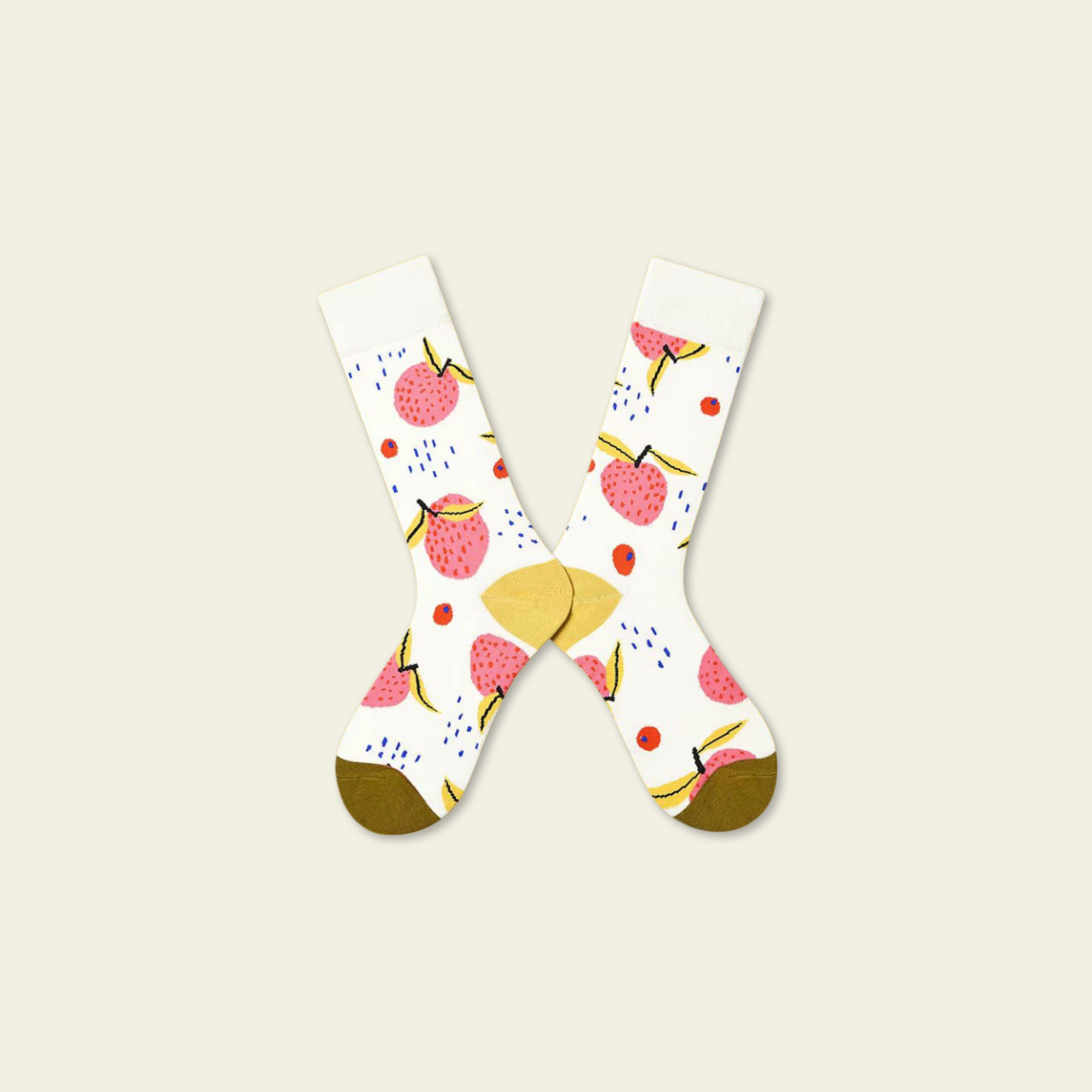 Pair of socks with fruit pattern on a beige background