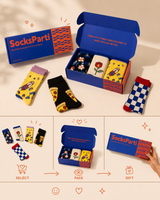 SocksParti sock packaging with colorful socks on a beige background