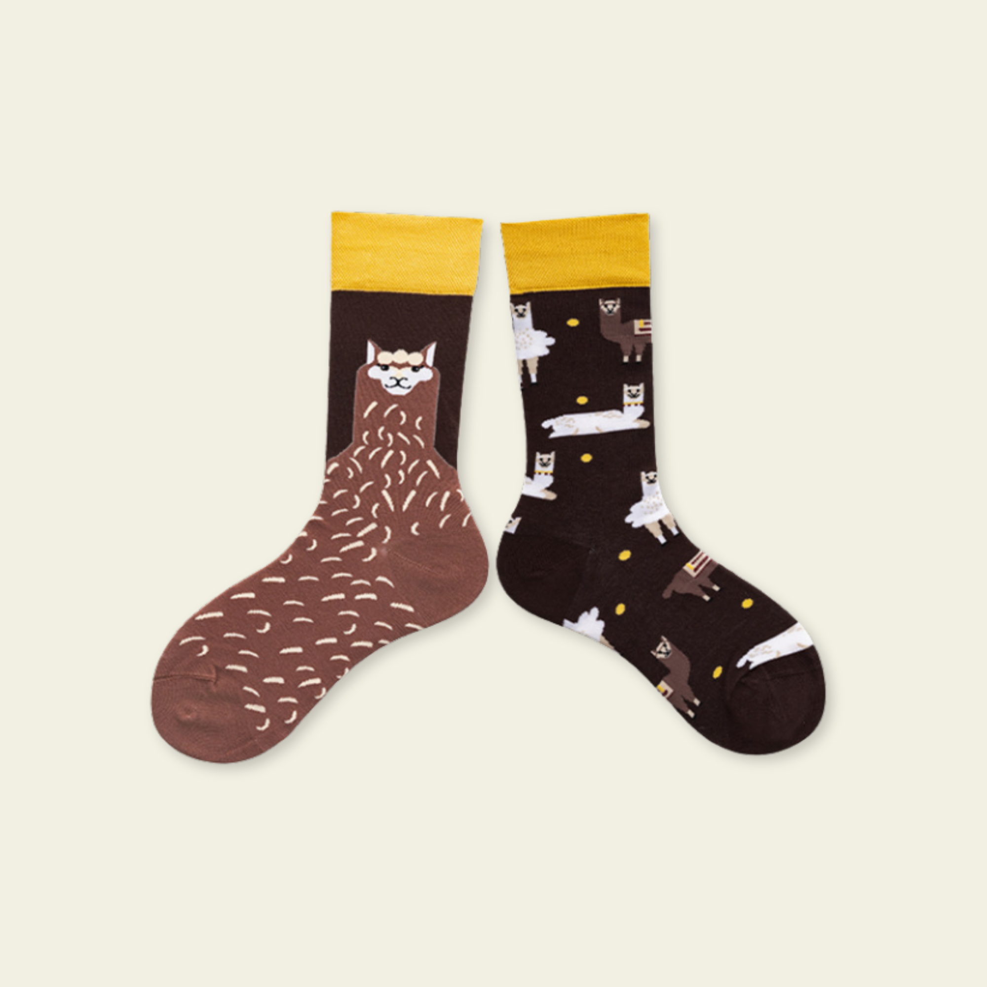 Two socks with animal patterns on a beige background