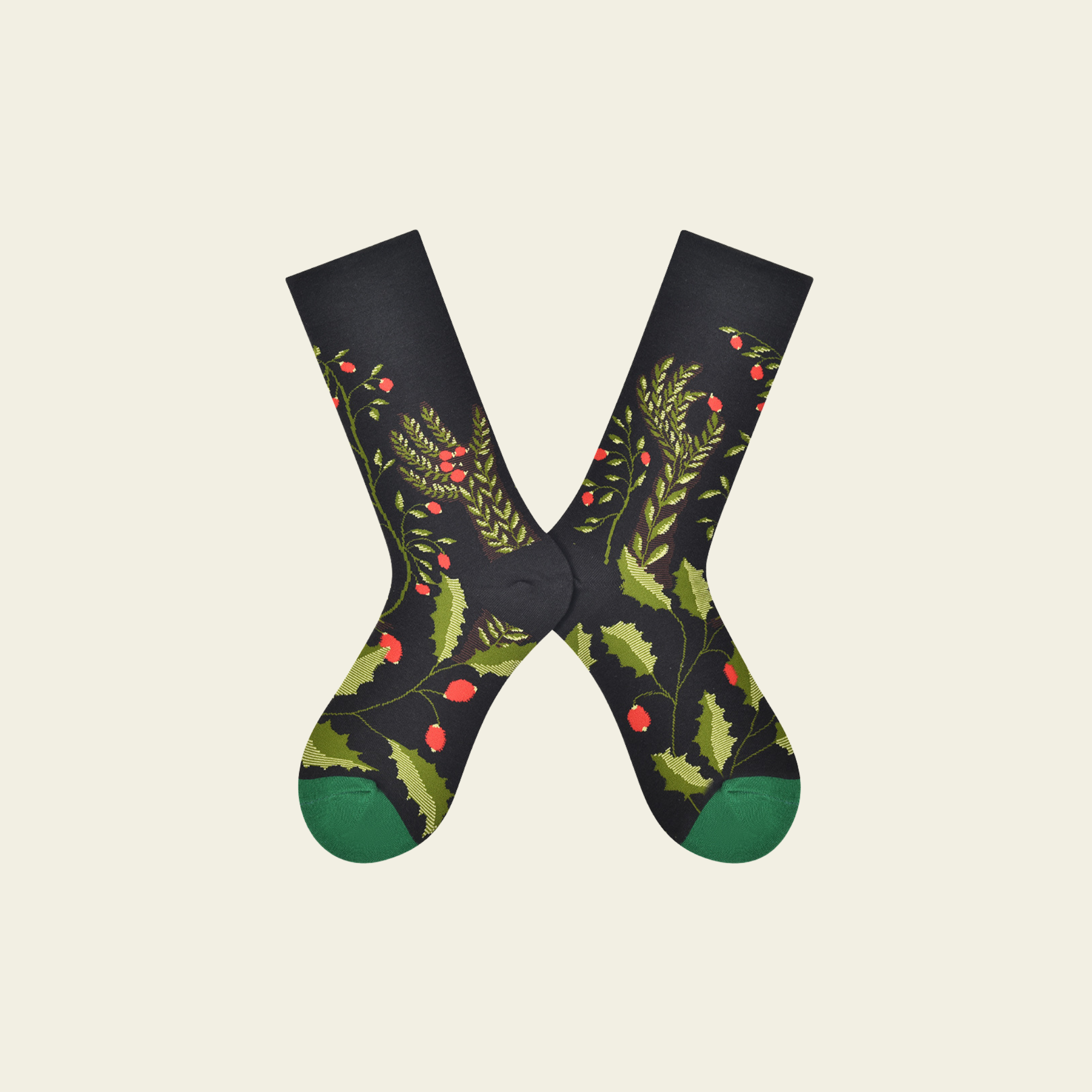 Pair of socks with a floral pattern on a beige background