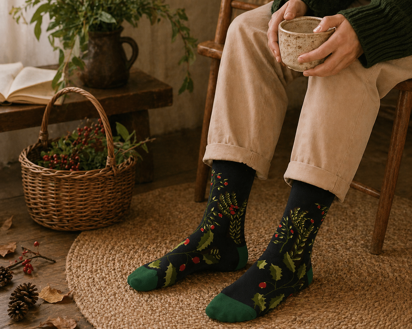 Person wearing patterned socks sitting on a wooden chair with a cup, surrounded by plants and a basket.